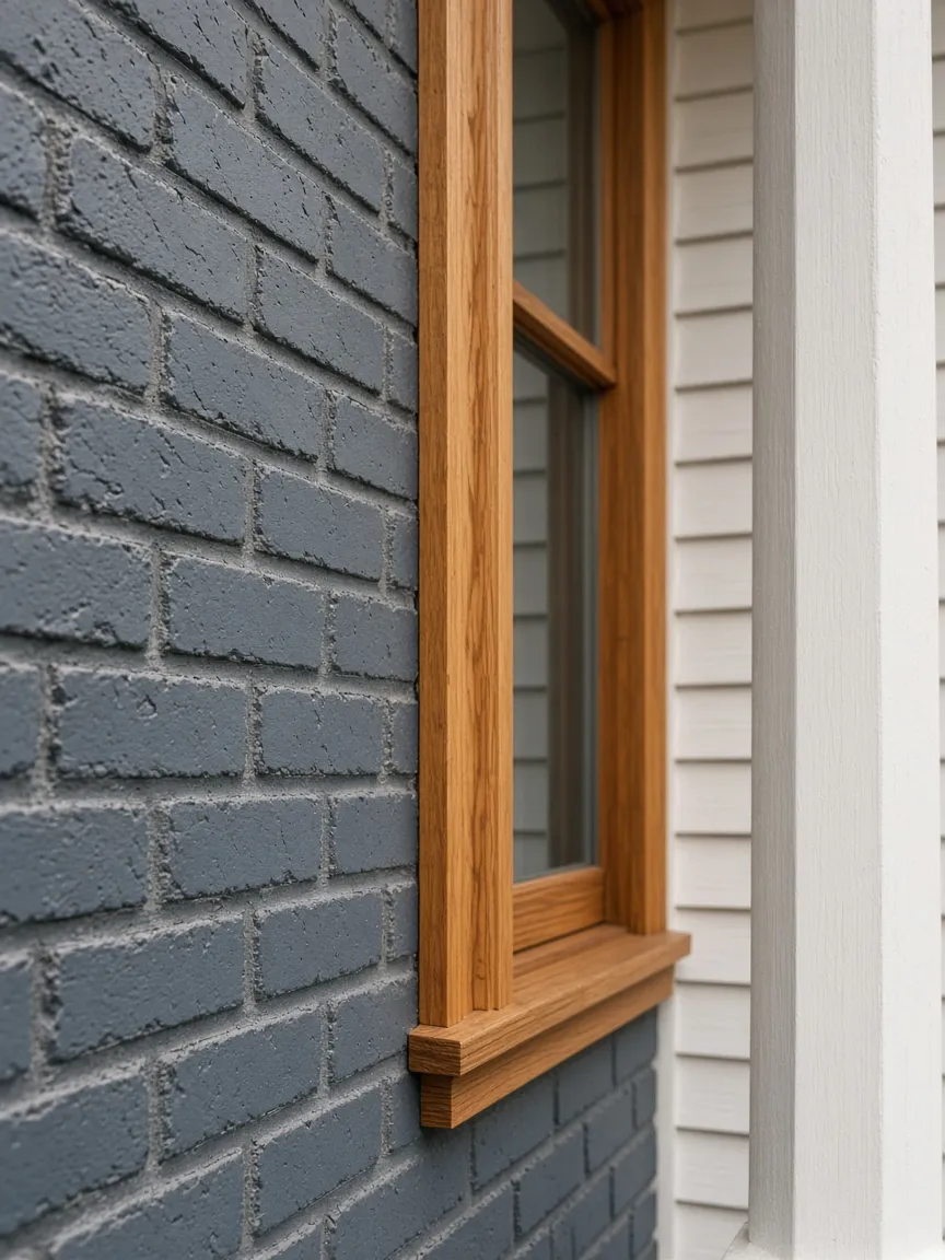 Editorial photograph of painted brick, a wood window frame, and white siding.