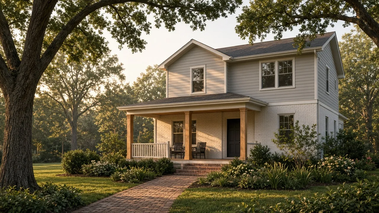Editorial photograph of a two-story house with a covered porch, a brick walk, and mature trees in warm evening light.